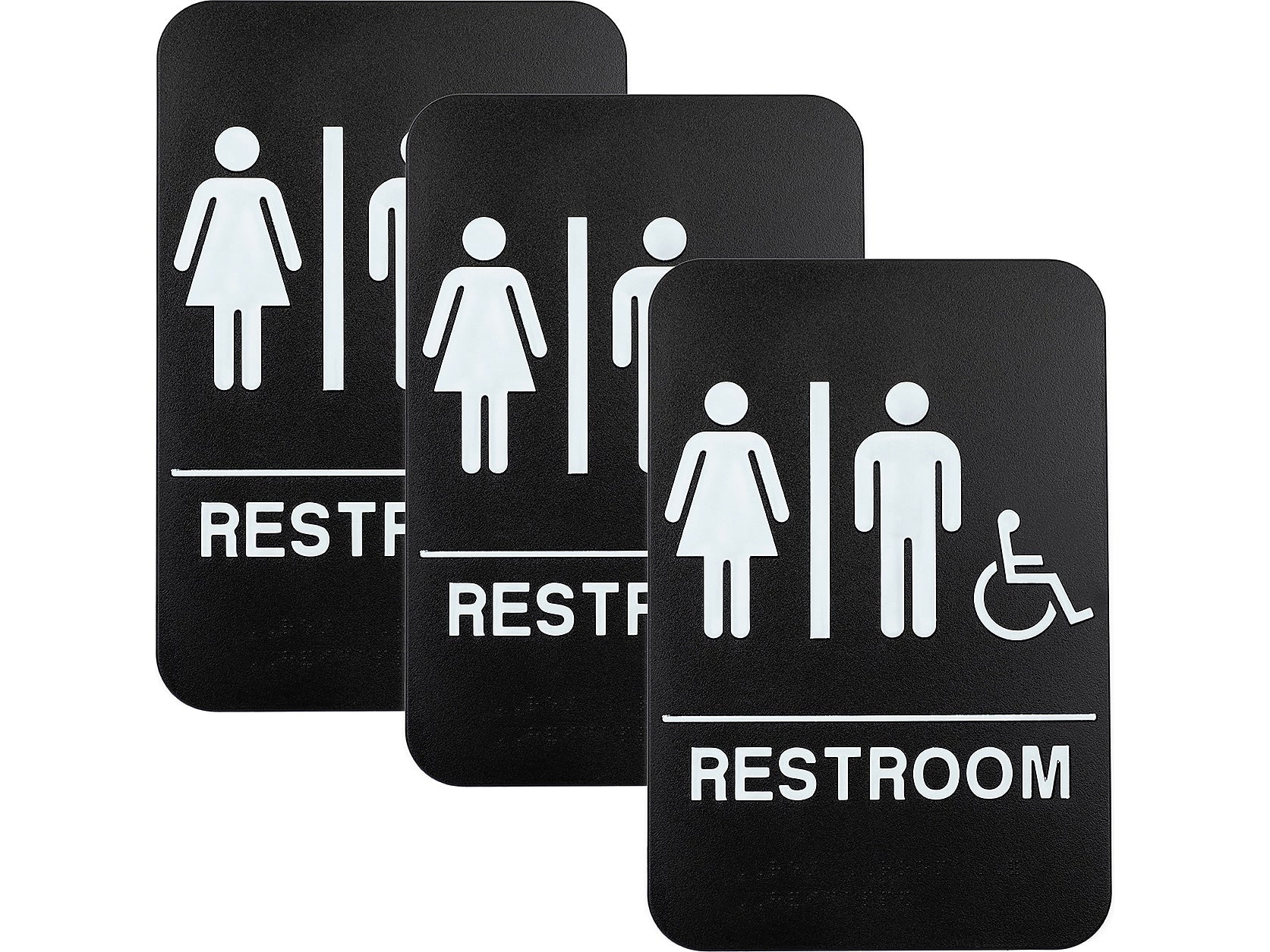 Excello Global Products Restroom Sign with Braille Indoor/Outdoor Wall Sign, 6" x 9", Black/White, 3/Pack (EGP-HD-0036-S)