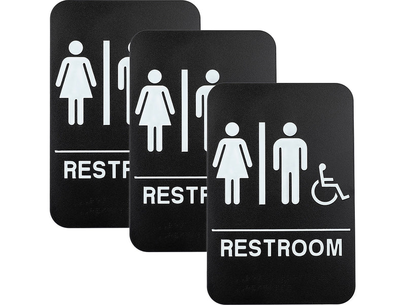 Excello Global Products Restroom Sign with Braille Indoor/Outdoor Wall Sign, 6" x 9", Black/White, 3/Pack (EGP-HD-0036-S)