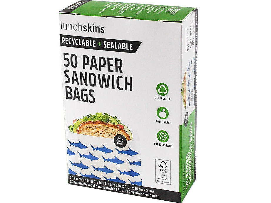 LunchSkins Shark Peel & Seal Sandwich Bag with Closure Strip, White/Blue, 50/Box (854735005904)