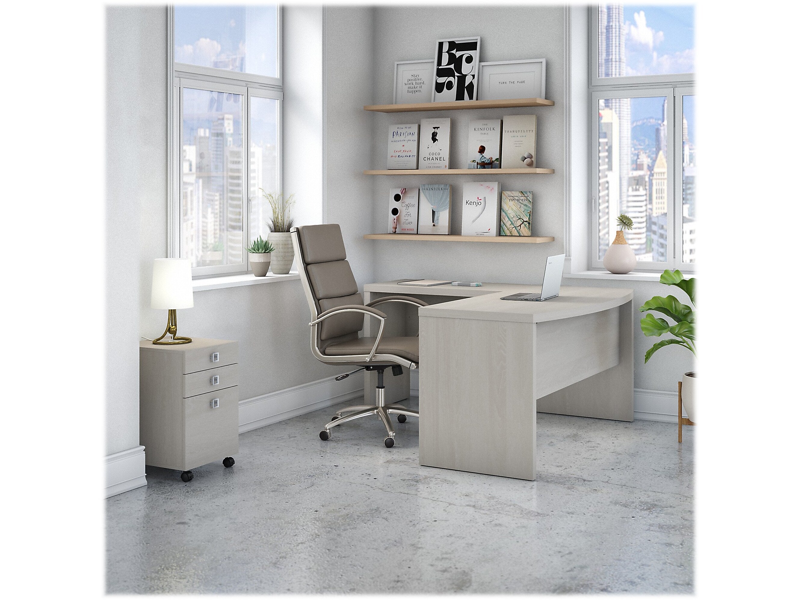 Bush Business Furniture Echo 60"W L Shaped Bow Front Desk with Mobile File Cabinet, Gray Sand (ECH007GS)