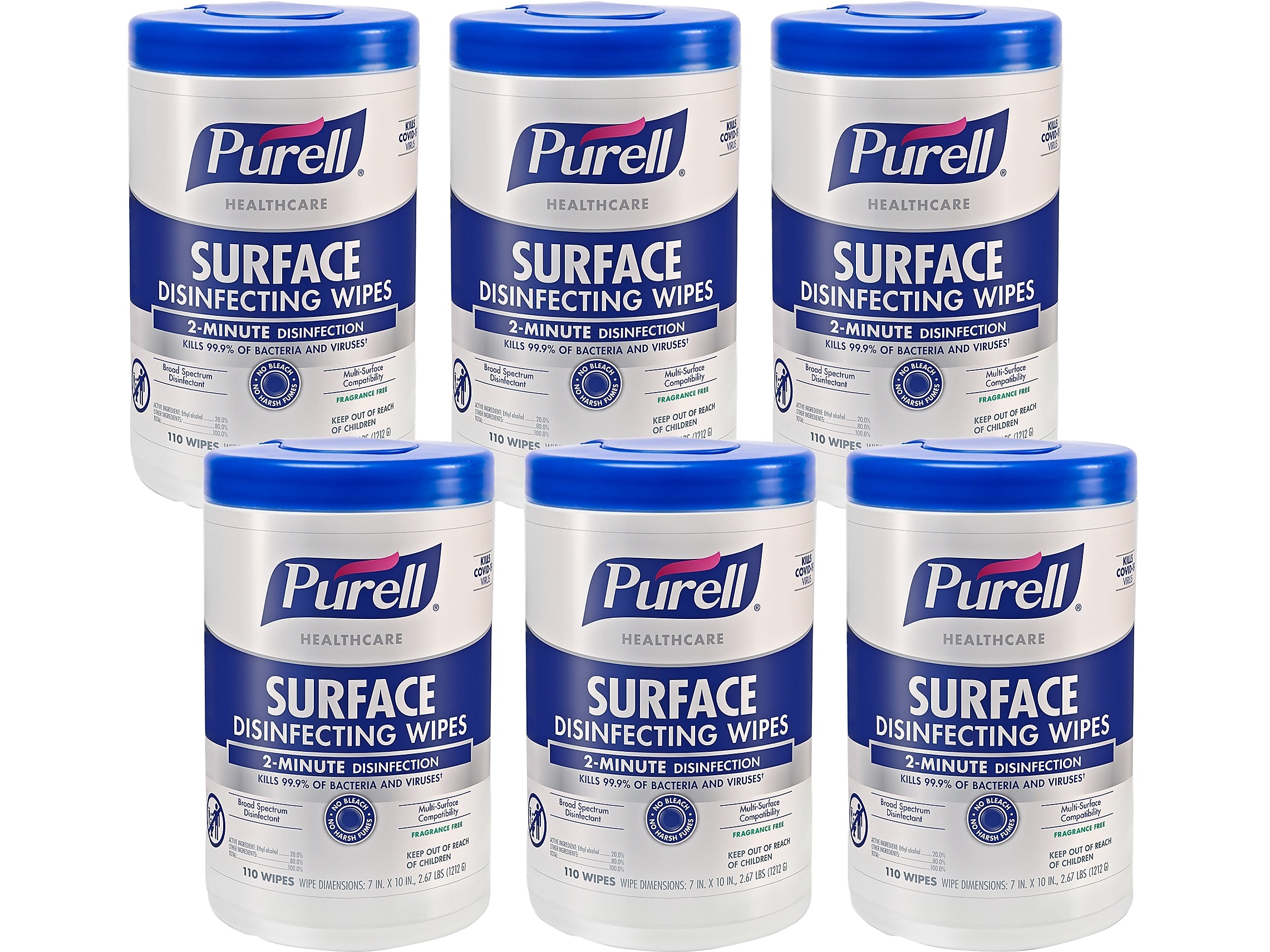 PURELL Healthcare Disinfecting Wipes, 110 Wipes/Container, 6/Carton (9340-06)