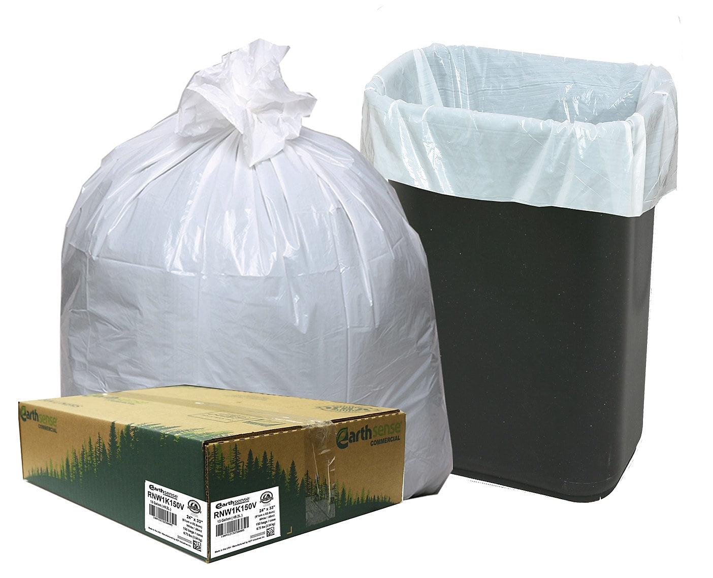 Berry Global Earthsense 13 Gallon Trash Bag, 24" x 33", Low Density, 0.85 mil, White, 150 Bags/Box (RNW1K150V-43228)