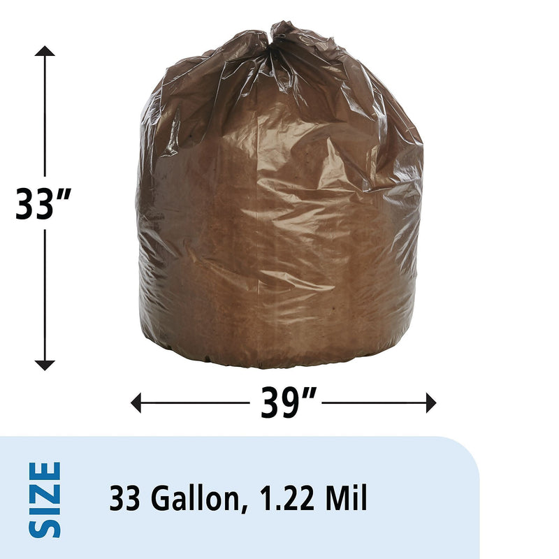 AbilityOne 33 Gallon Industrial Trash Bag, 33" x 39", Low Density, 1.22 mil, Dark Brown, 125 Bags/Box (8105011839769)