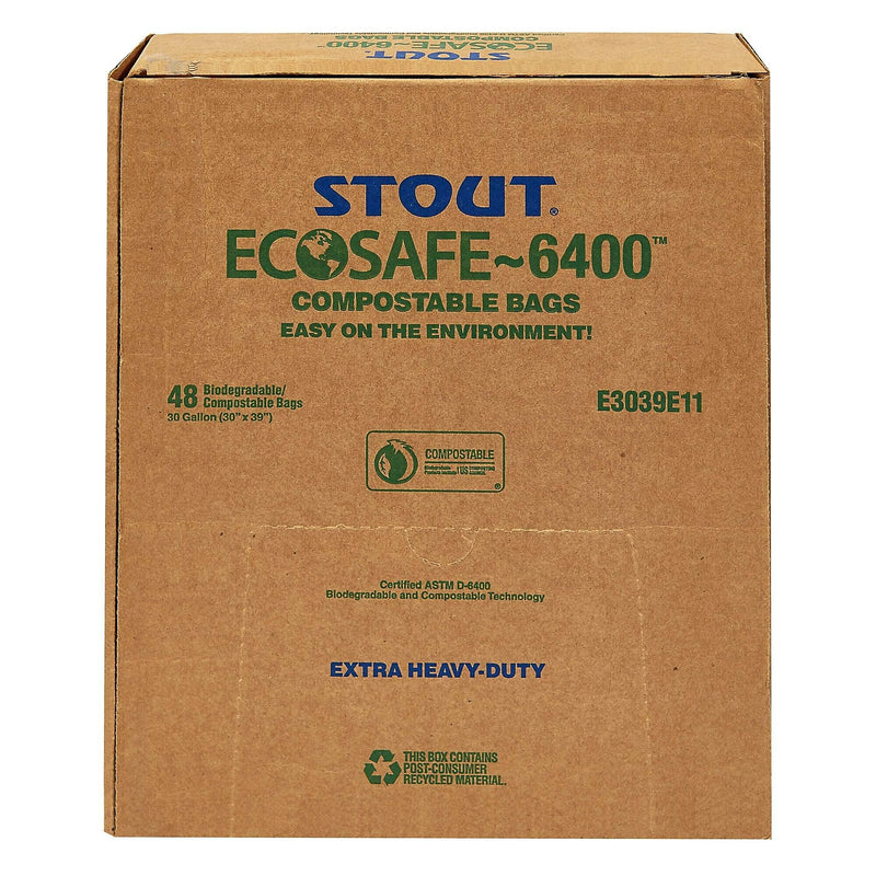 Stout EcoSafe-6400 13 Gallon Industrial Trash Bag, 24" x 30", Low Density, 0.85 mil, Green, 45 Bags/Box, 3 Rolls