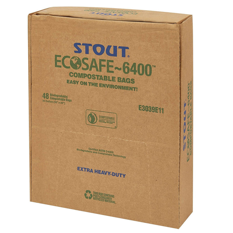 Stout EcoSafe-6400 13 Gallon Industrial Trash Bag, 24" x 30", Low Density, 0.85 mil, Green, 45 Bags/Box, 3 Rolls