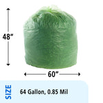 Stout EcoSafe-6400 64 Gallon Compostable Industrial Trash Bag, 48" x 60", Low Density, 0.85 mil, Green, 30 Bags/Box