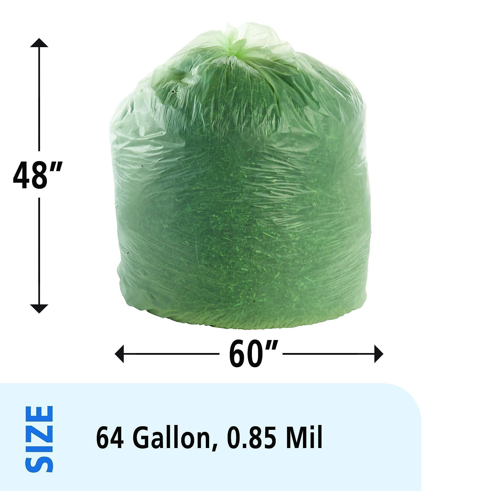 Stout EcoSafe-6400 64 Gallon Compostable Industrial Trash Bag, 48" x 60", Low Density, 0.85 mil, Green, 30 Bags/Box