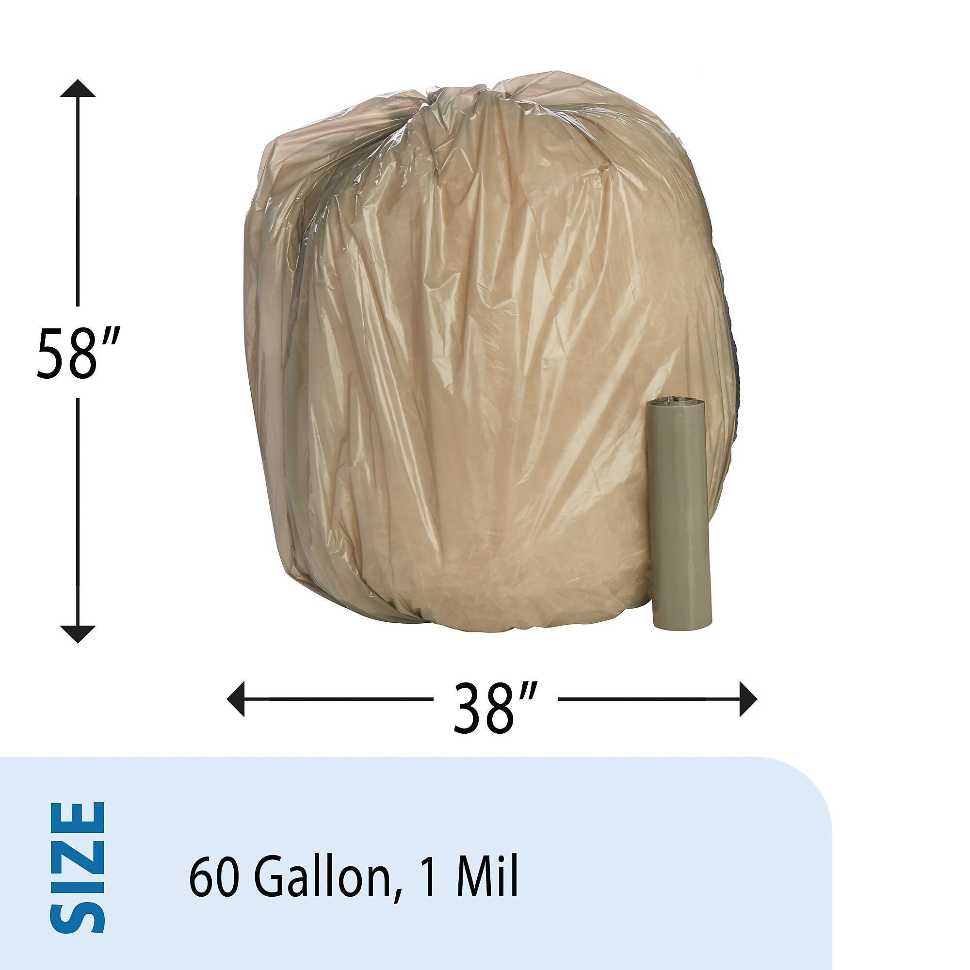 Envision LLDPE 60 Gallon Industrial Trash Bag, 58" x 38", Low Density, 1 mil, Gray, 100 Bags/Box, 10 Rolls (L385810K)