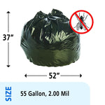 Stout Insect Repellent 55 Gallon Industrial Trash Bag, 37" x 52", Low Density, 2 mil, Black, 65 Bags/Box (STOP3752K20)