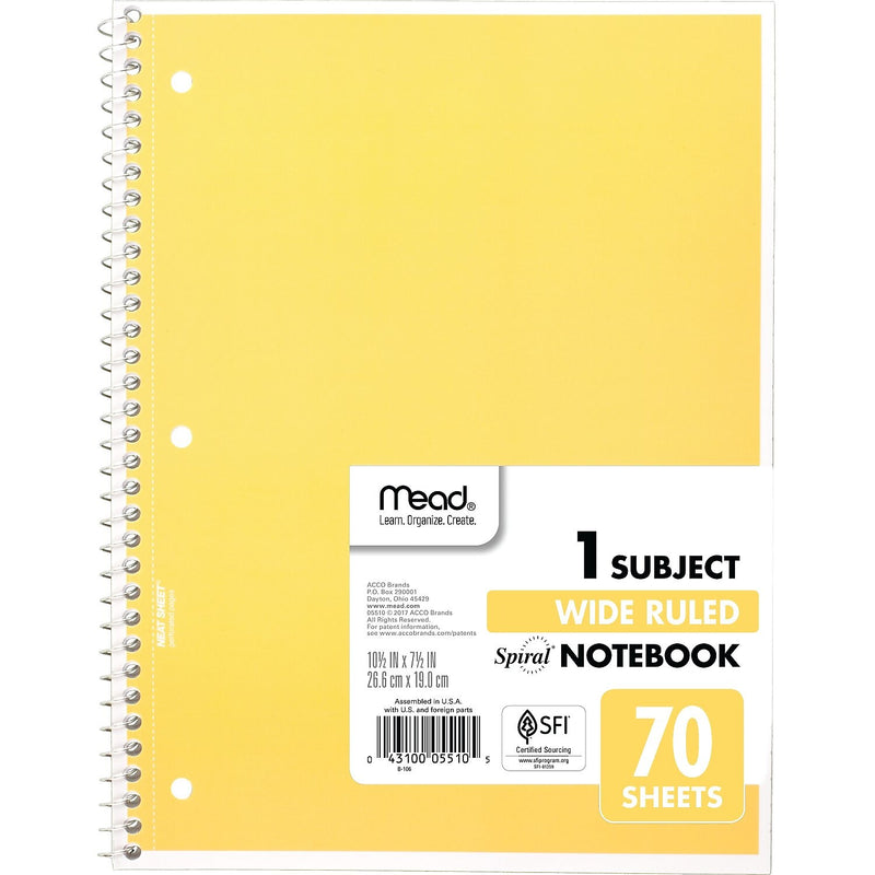Mead 1-Subject Notebooks, 8" x 10.5", Wide Ruled, 70 Sheets, Assorted Colors (05510)