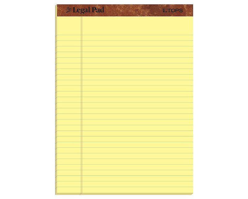 TOPS Legal Pad Notepad, 8.5" x 11.75", Wide Ruled, Canary, 50 Sheets/Pad, Dozen (7532)