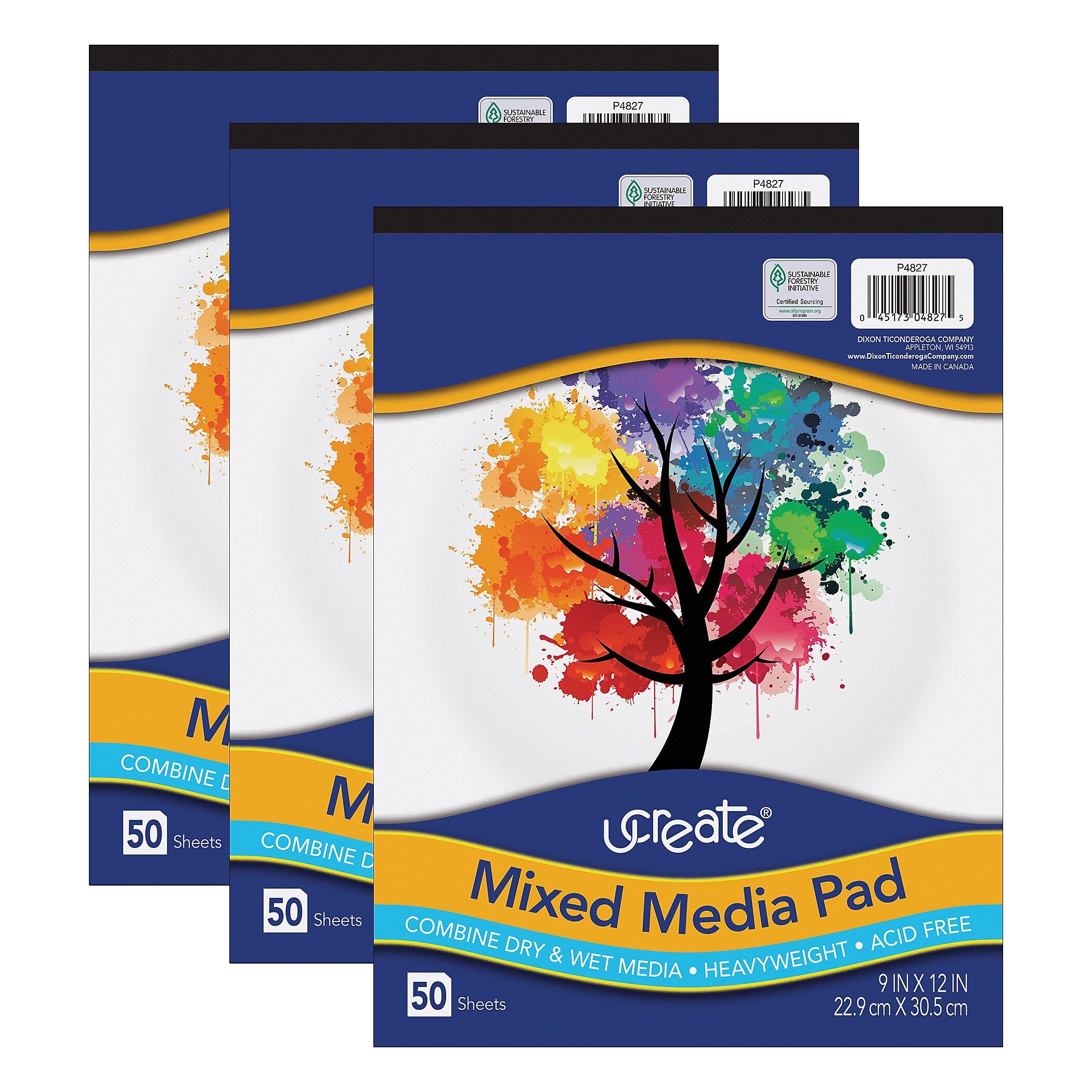 uCreate 9" x 12" Tape Bound Mixed Media Sketch Pad, 50 Sheets/Pad, 3 Pads/Bundle (PAC4827-3)