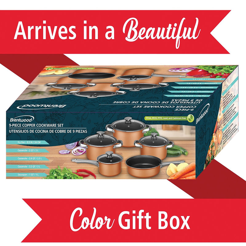 Brentwood 9-Piece Nonstick Copper-Clad Cookware Set with Glass Lids, (BPS-309C)