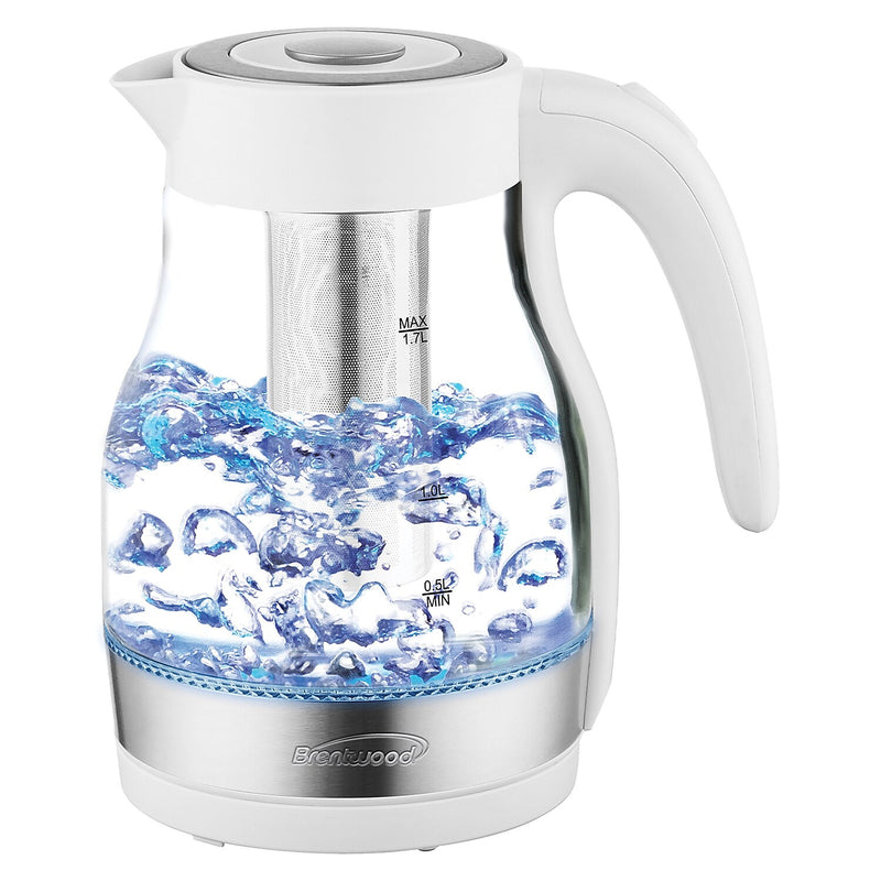 Brentwood Cordless Glass Electric Kettle with Tea Infuser and Swivel Base, 1.79-Qt., White (KT-1962W)