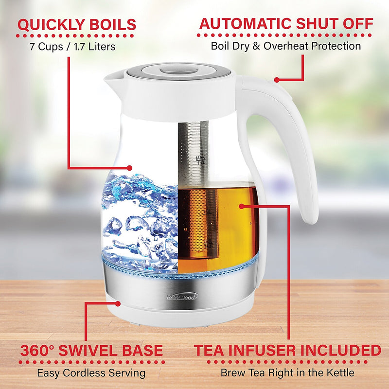 Brentwood Cordless Glass Electric Kettle with Tea Infuser and Swivel Base, 1.79-Qt., White (KT-1962W)