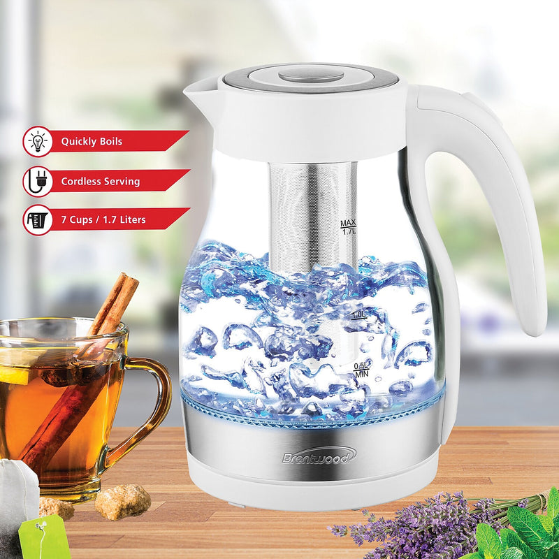 Brentwood Cordless Glass Electric Kettle with Tea Infuser and Swivel Base, 1.79-Qt., White (KT-1962W)