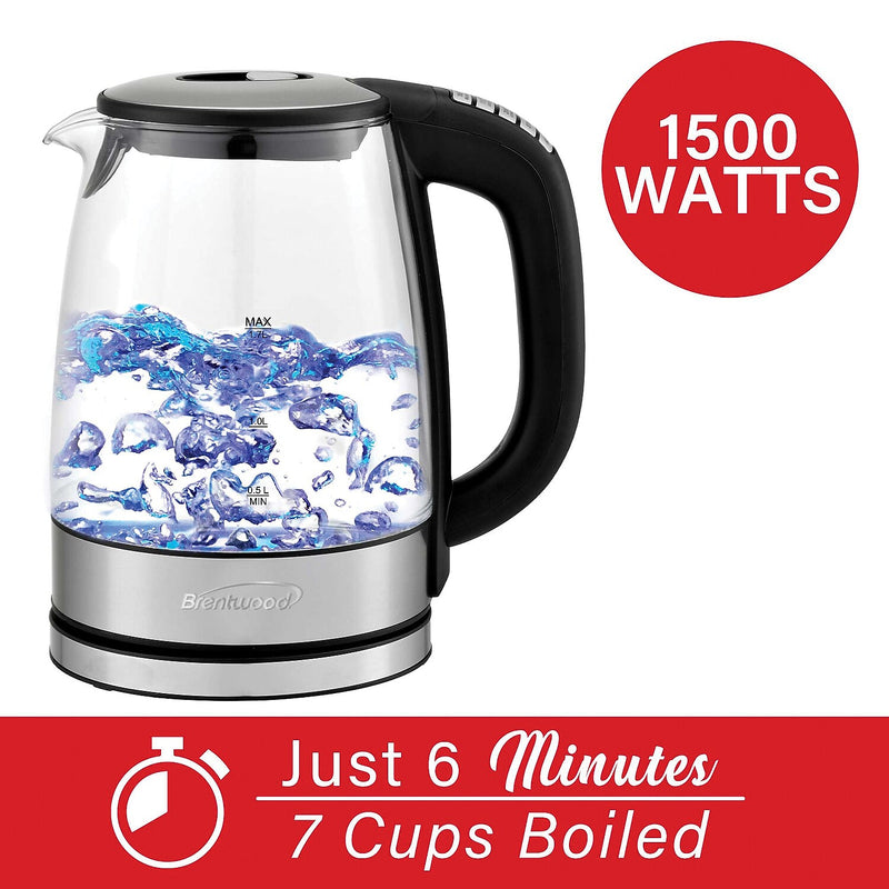 Brentwood Stainless Steel Cordless Glass Electric Kettle, 7-Cups (KT-1982DBK)