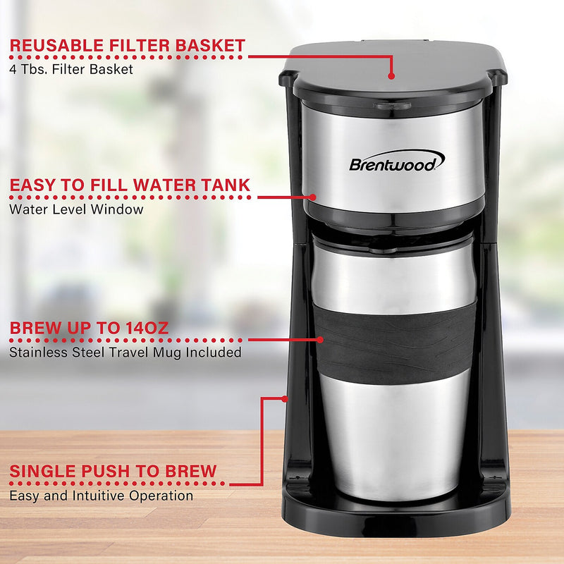 Brentwood Portable Single-Serve Coffee Maker with 14-Oz. Travel Mug, Black (TS-113BK)