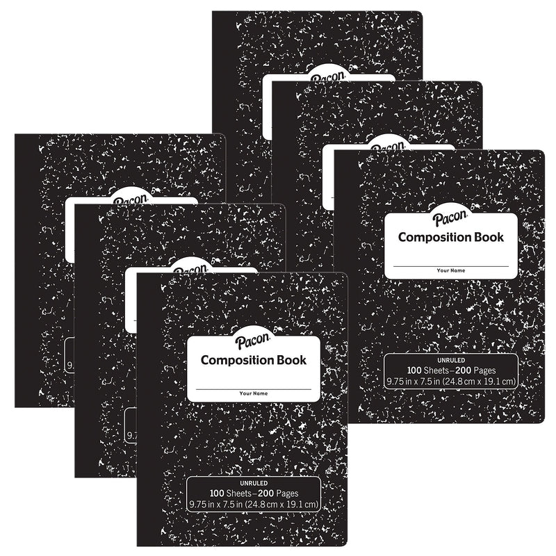 Pacon Composition Notebook, 9.75" x 7.5", 100 Sheets, Black, 6/Bundle (PACMMK37145-6)