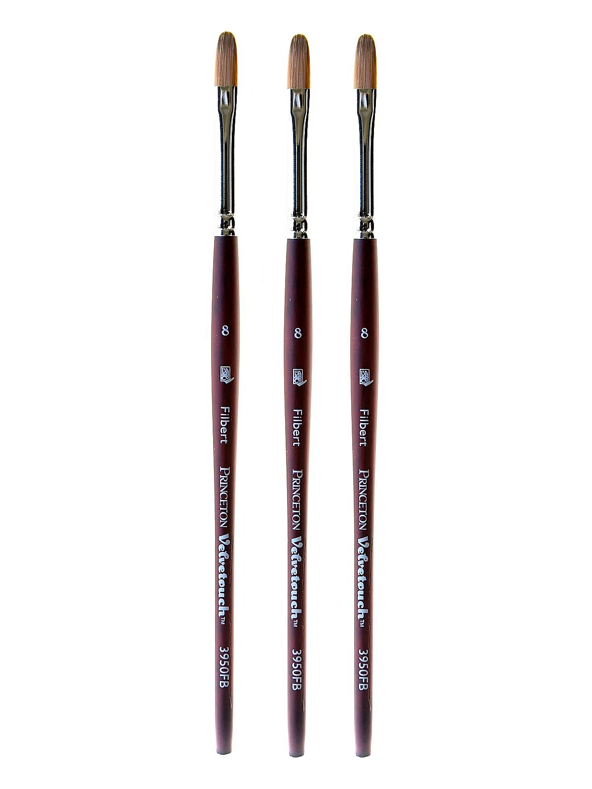 Princeton Velvetouch Mixed Media Brushes, 8 Filbert, Pack of 3 (PK3-3950FB-8)