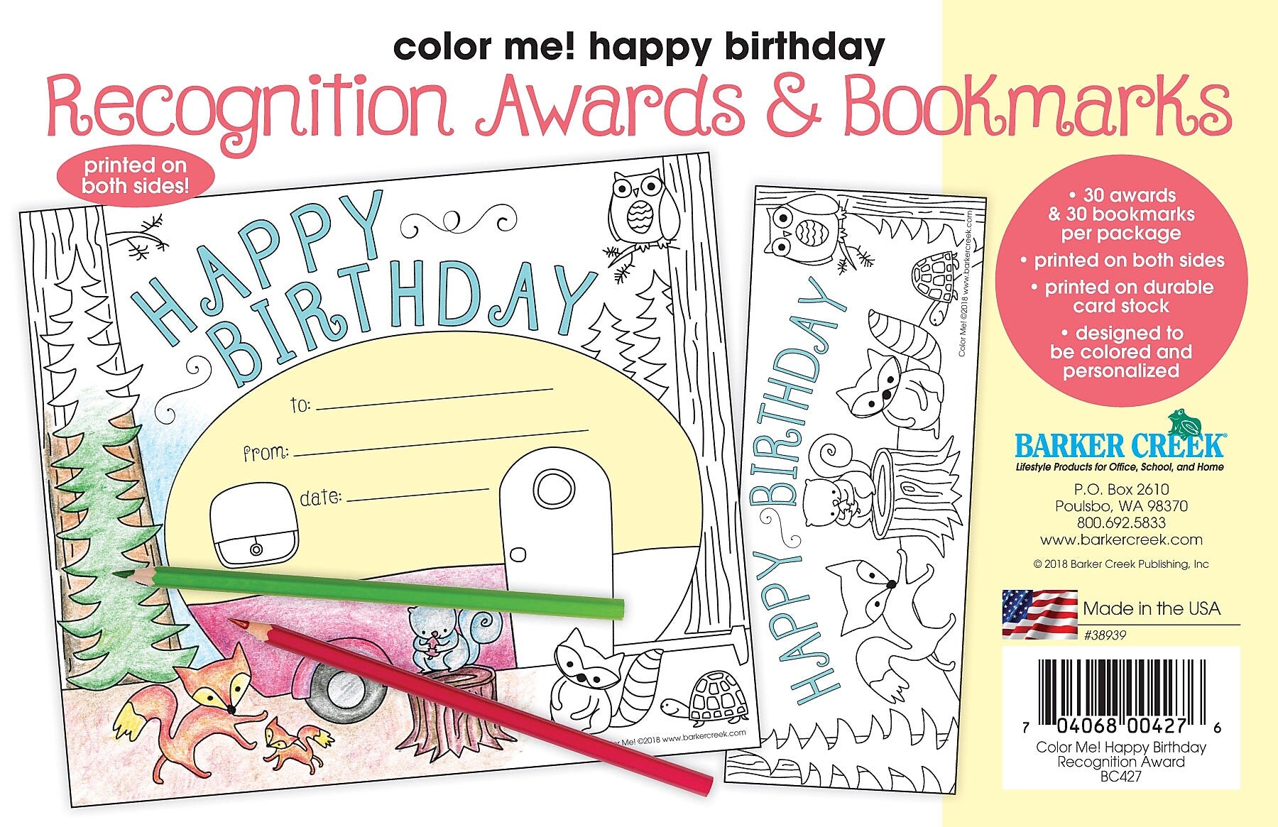 Barker Creek Color Me! Happy Birthday Awards & Bookmarks Set, 8.5" x 5.5”, Multicolored, 30/Pack (BC427)
