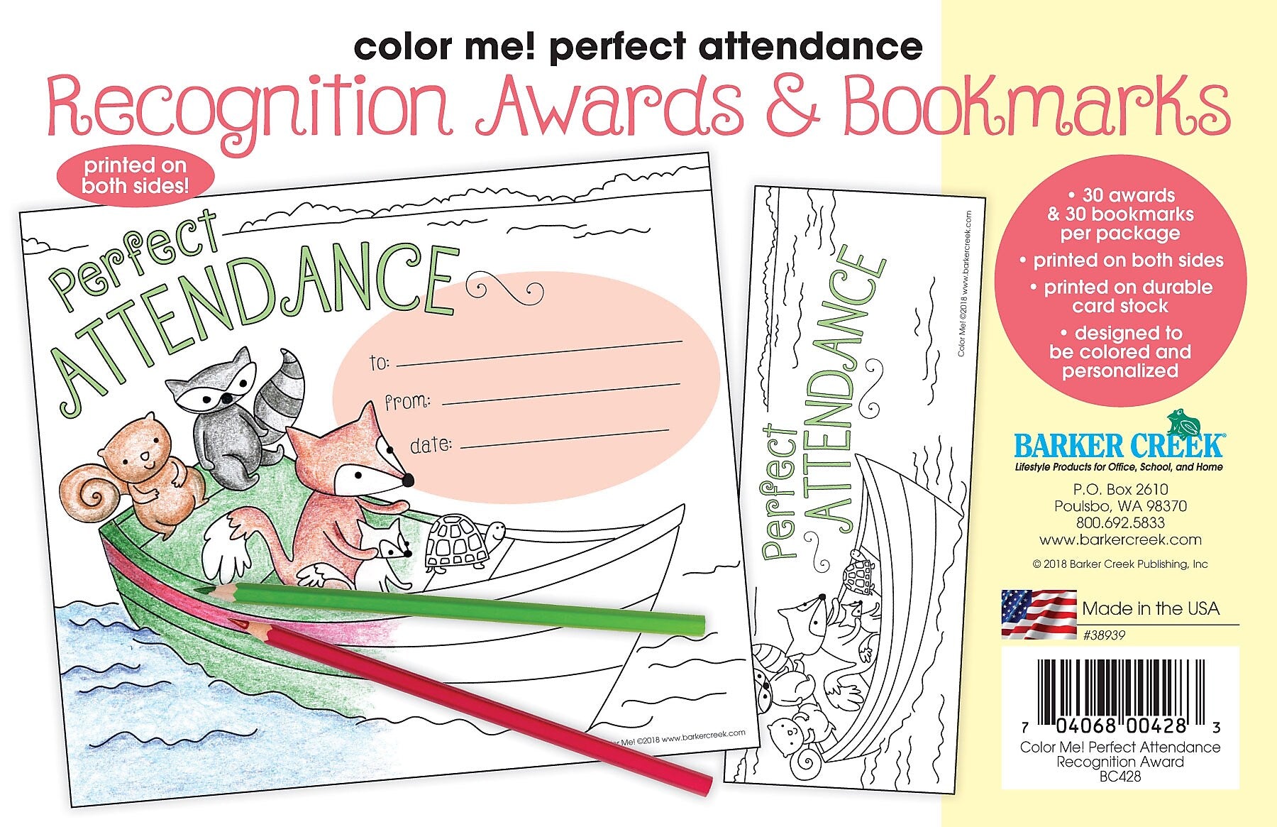 Barker Creek Color Me! Attendance Awards & Bookmarks Set, 8.5" x 5.5”, Multicolored, 30/Pack (BC428)