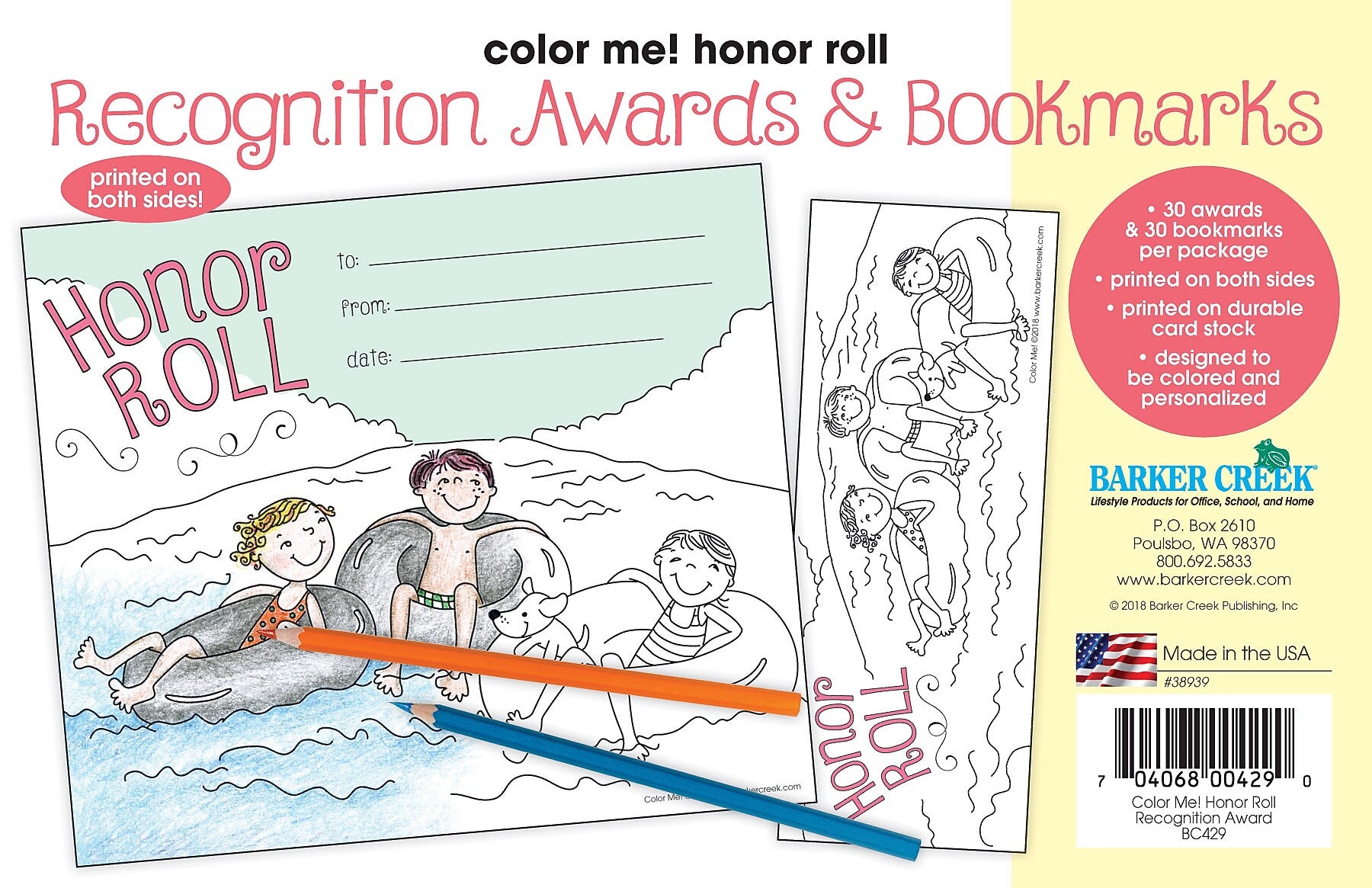 Barker Creek Color Me! Honor Roll Awards & Bookmarks Set, 8.5" x 5.5”, Multicolored, 30/Pack (BC429)