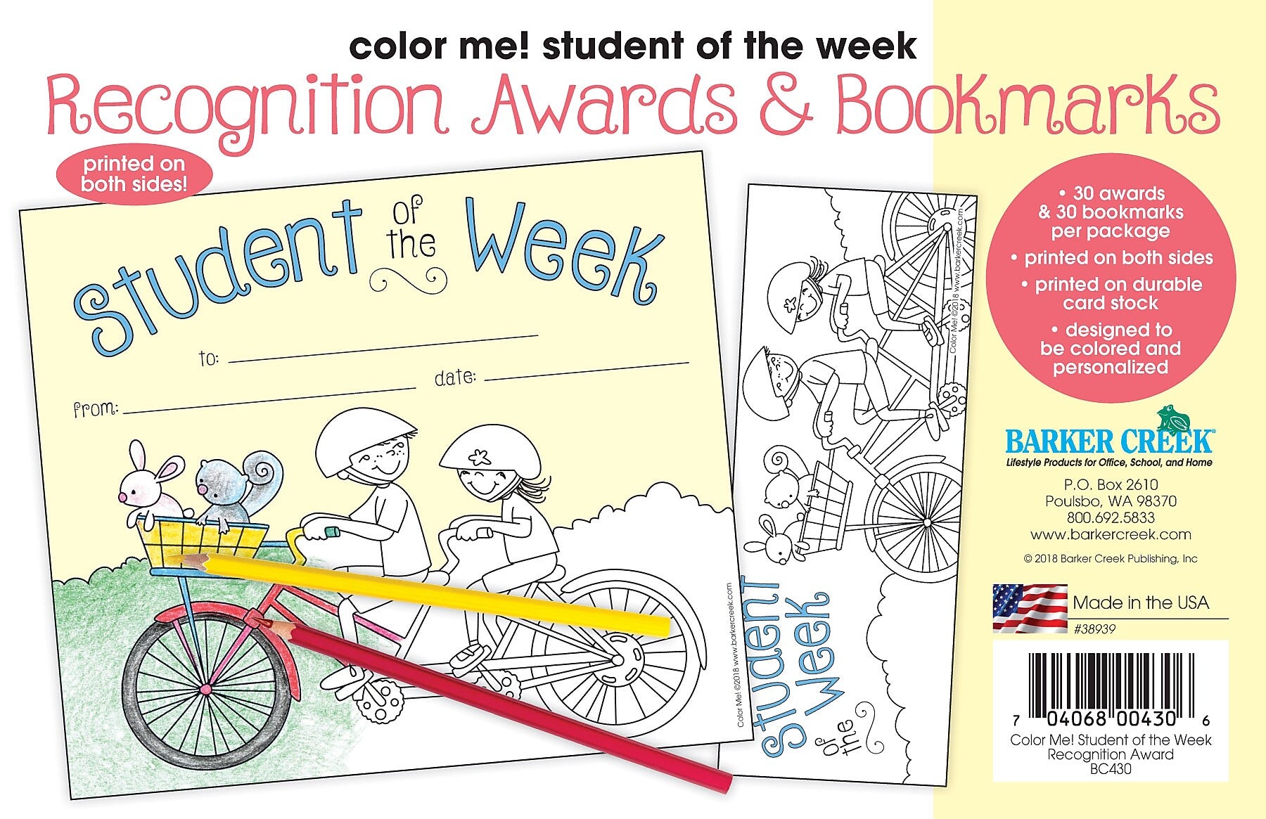 Barker Creek Color Me! Student of the Week Awards & Bookmarks Set, 8.5" x 5.5”, Multicolored, 30/Pack (BC430)