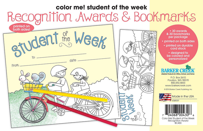 Barker Creek Color Me! Student of the Week Awards & Bookmarks Set, 8.5" x 5.5”, Multicolored, 30/Pack (BC430)