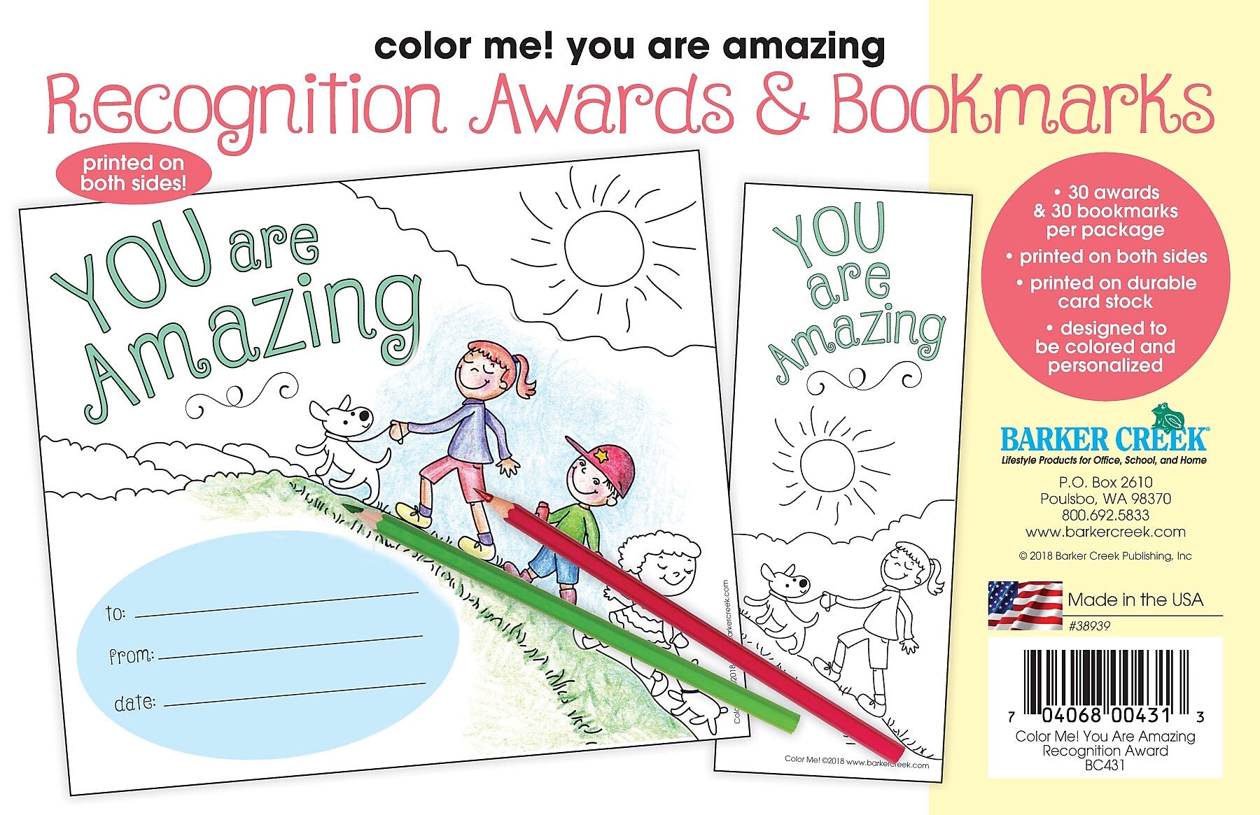 Barker Creek Color Me! You Are Amazing Awards & Bookmarks Set, 8.5" x 5.5”, Multicolored, 30/Pack (BC431)