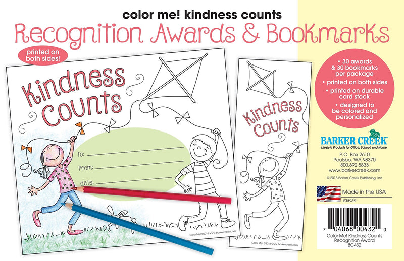 Barker Creek Color Me! Kindness Counts Awards & Bookmarks Set, 8.5" x 5.5”, Multicolored, 30/Pack (BC432)