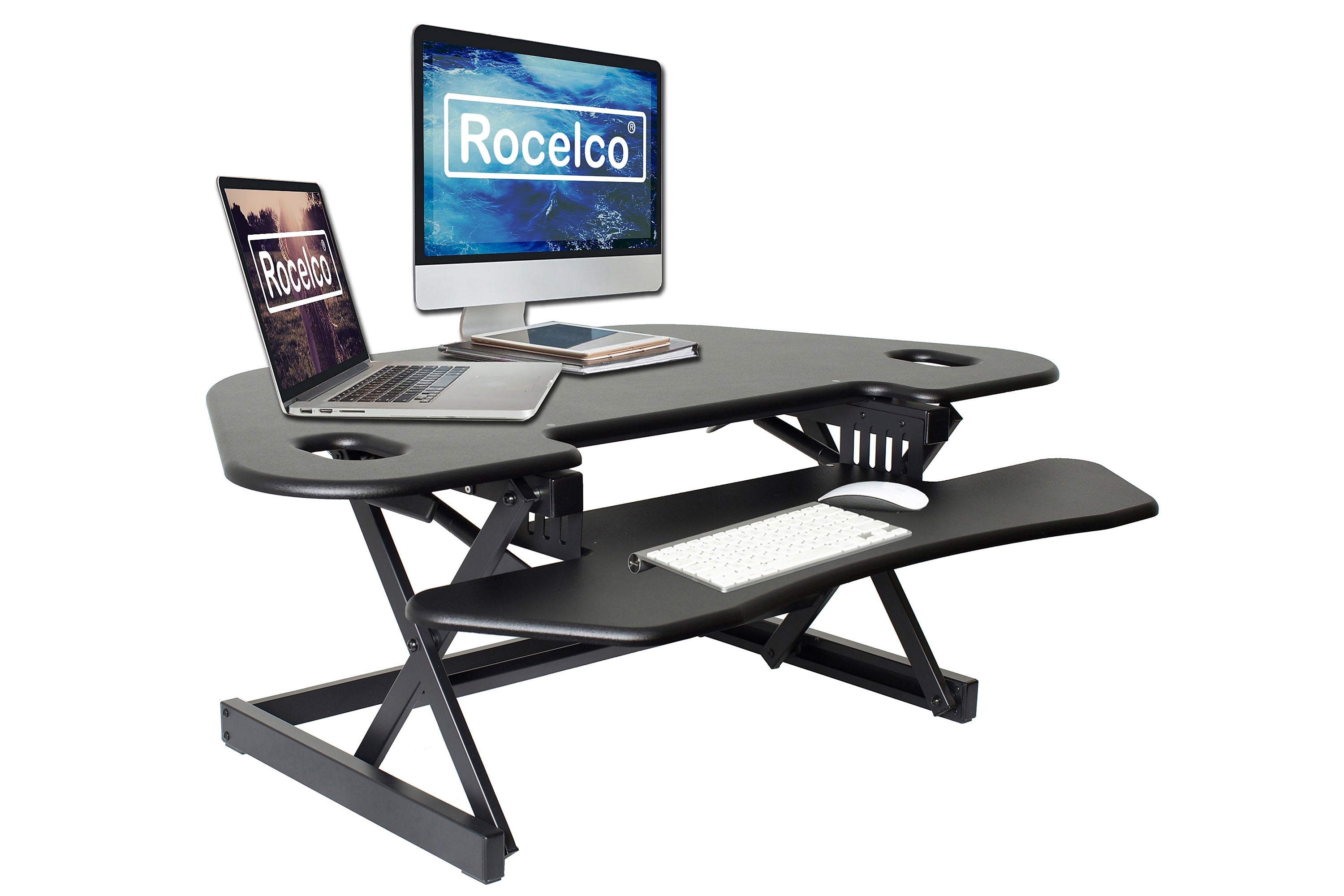 Rocelco 46"W Manual Adjustable Corner Standing Desk Converter, Black (R CADRB-46)