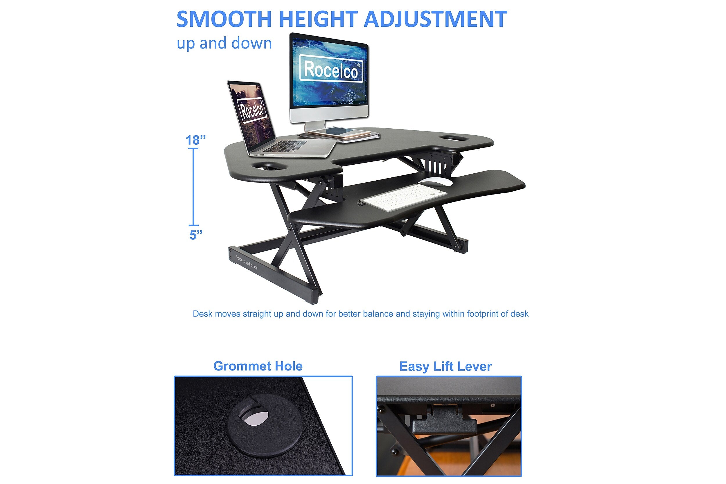 Rocelco 46"W Manual Adjustable Corner Standing Desk Converter, Black (R CADRB-46)