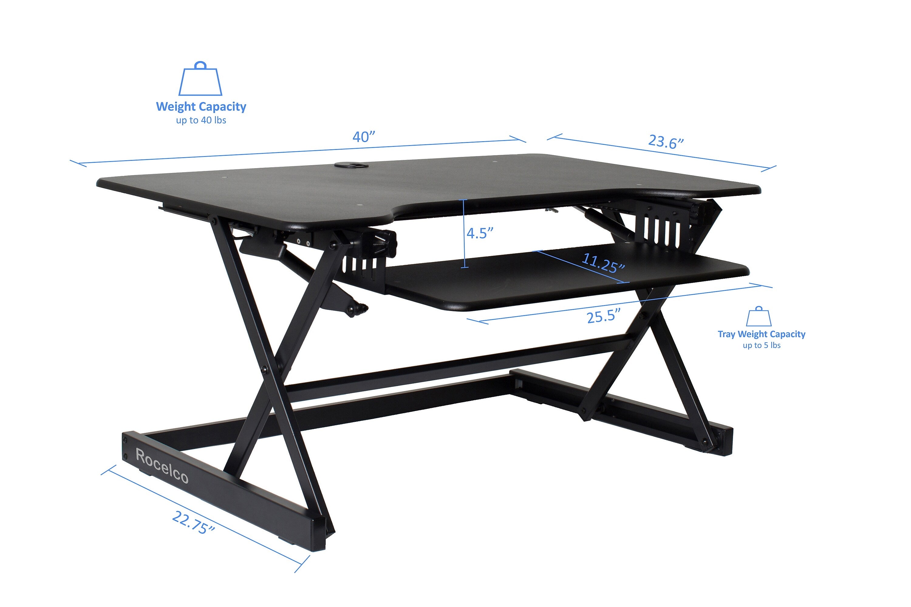 Rocelco 40"W Manual Adjustable Standing Desk Converter, Black (R DADRB-40)