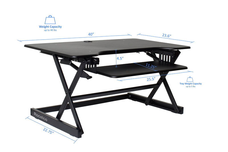 Rocelco 40"W Manual Adjustable Standing Desk Converter, Black (R DADRB-40)
