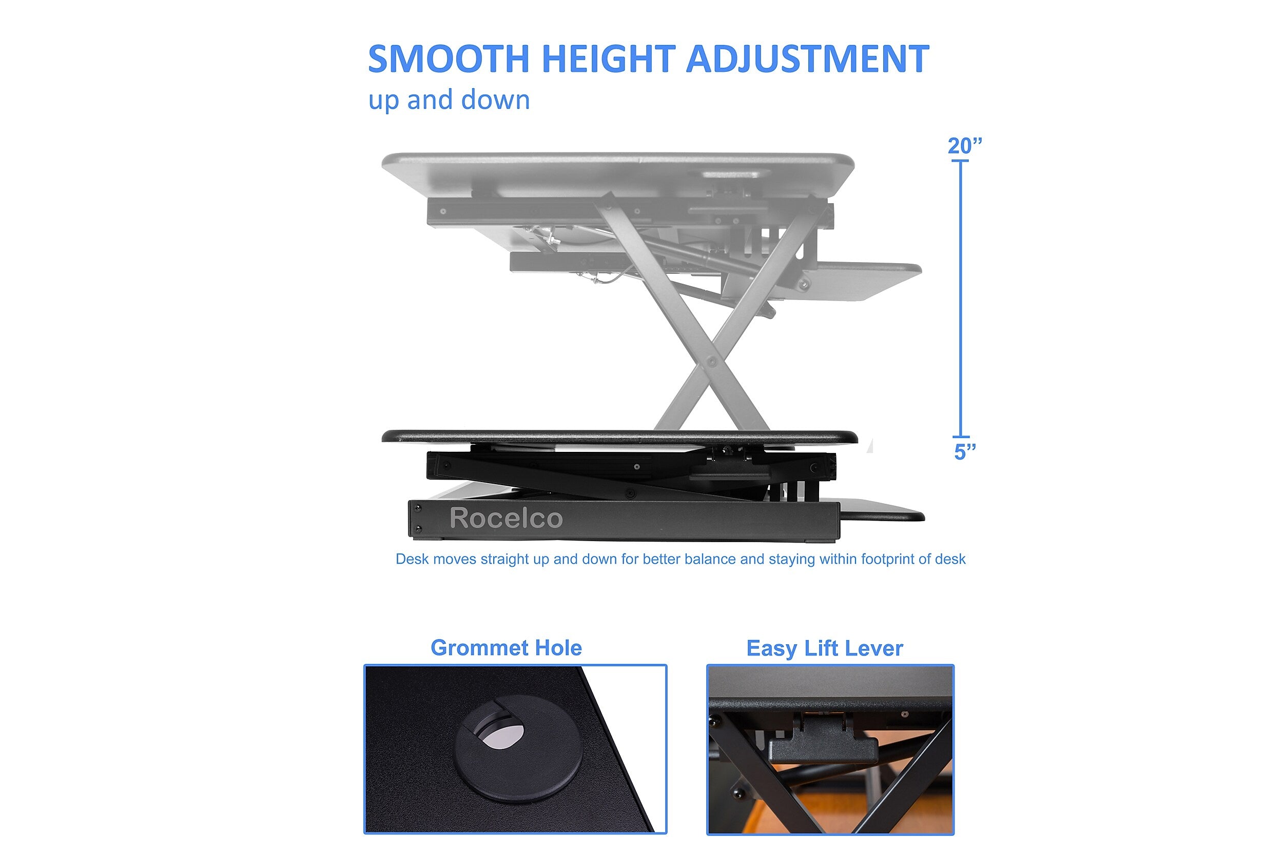 Rocelco 46"W Manual Adjustable Standing Desk Converter, Black (R DADRB-46)