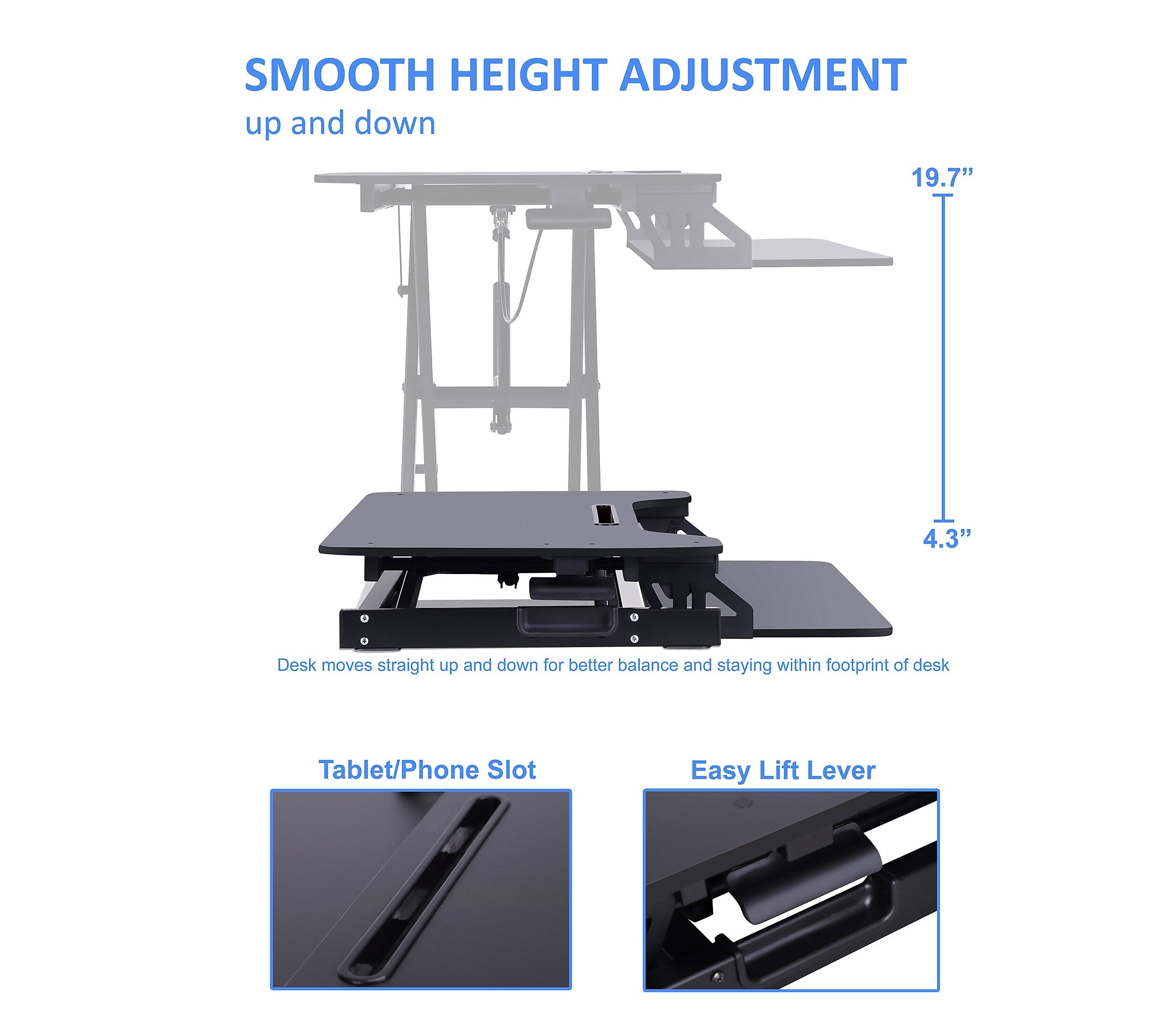Rocelco 32"W Manual Adjustable Standing Desk Converter, Black (R VADRB)