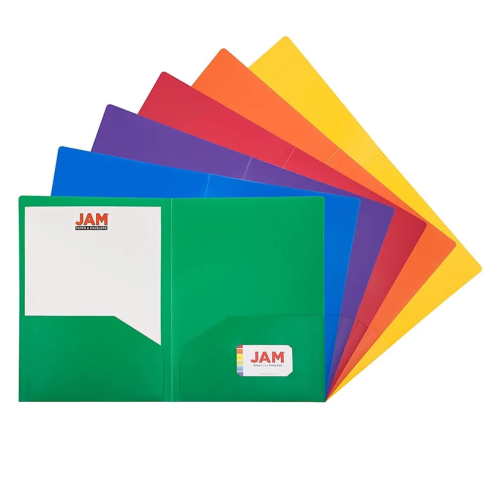 JAM Paper A4 Heavy Duty 2-Pocket Plastic Presentation Folders, Assorted Colors, 12/Pack (383HASRTPRA4)