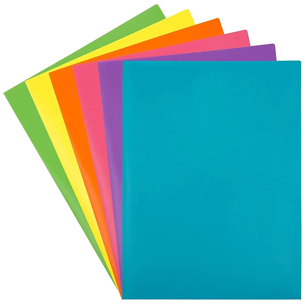 JAM Paper POP 2-Pocket Plastic Folders, Assorted Colors, 6/Pack (383EASRTFAA4)