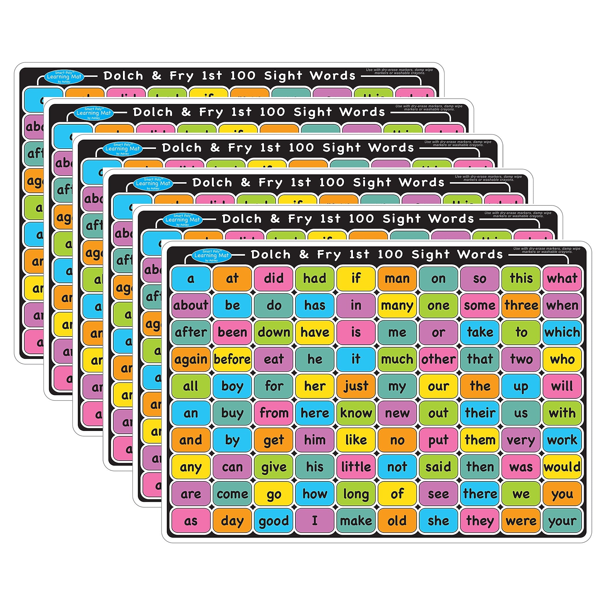 Ashley Productions Smart Poly Learning Mat, 12" x 17", Double-Sided, Sight Words 1st & 2nd 100, Pack of 6 (ASH95005-6)
