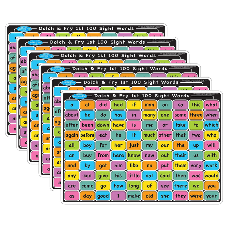 Ashley Productions Smart Poly Learning Mat, 12" x 17", Double-Sided, Sight Words 1st & 2nd 100, Pack of 6 (ASH95005-6)