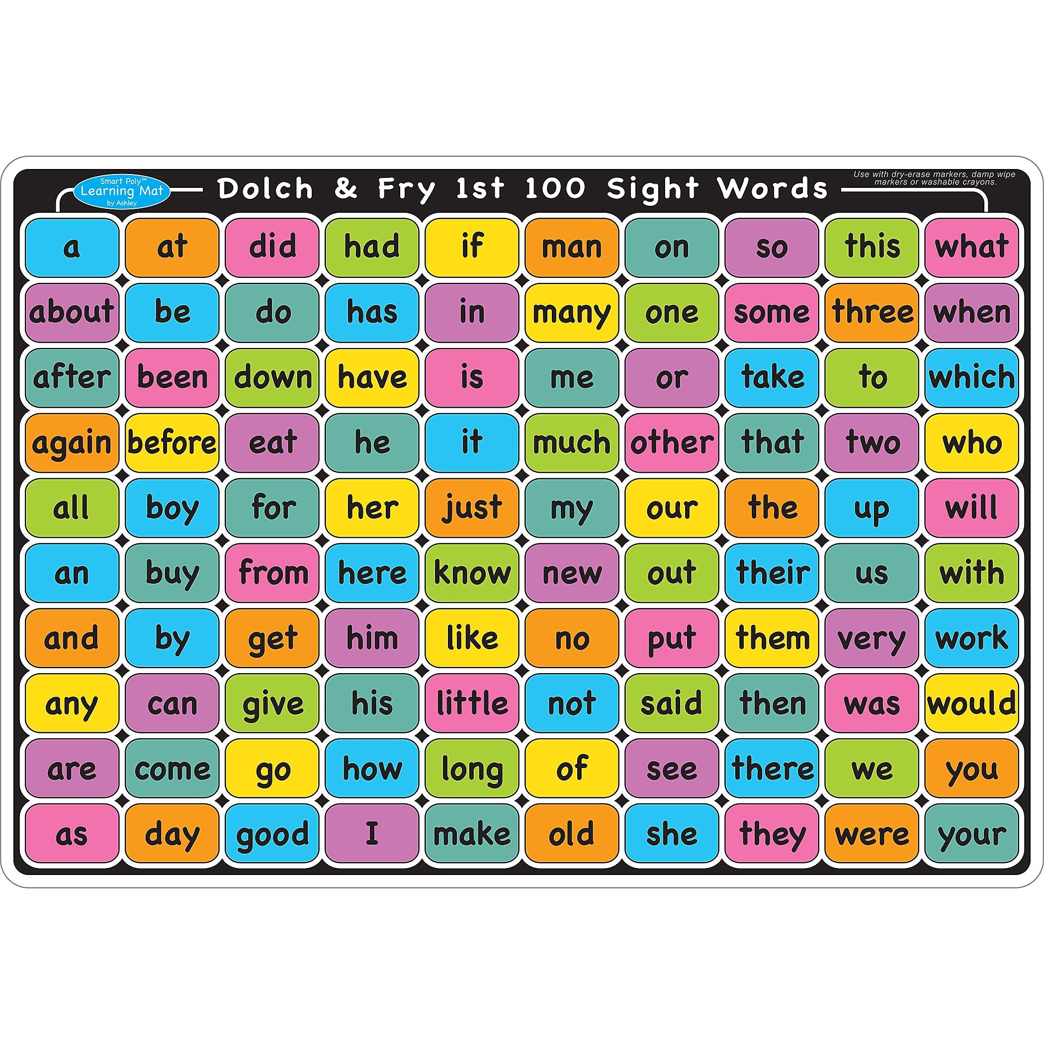 Ashley Productions Smart Poly Learning Mat, 12" x 17", Double-Sided, Sight Words 1st & 2nd 100, Pack of 6 (ASH95005-6)