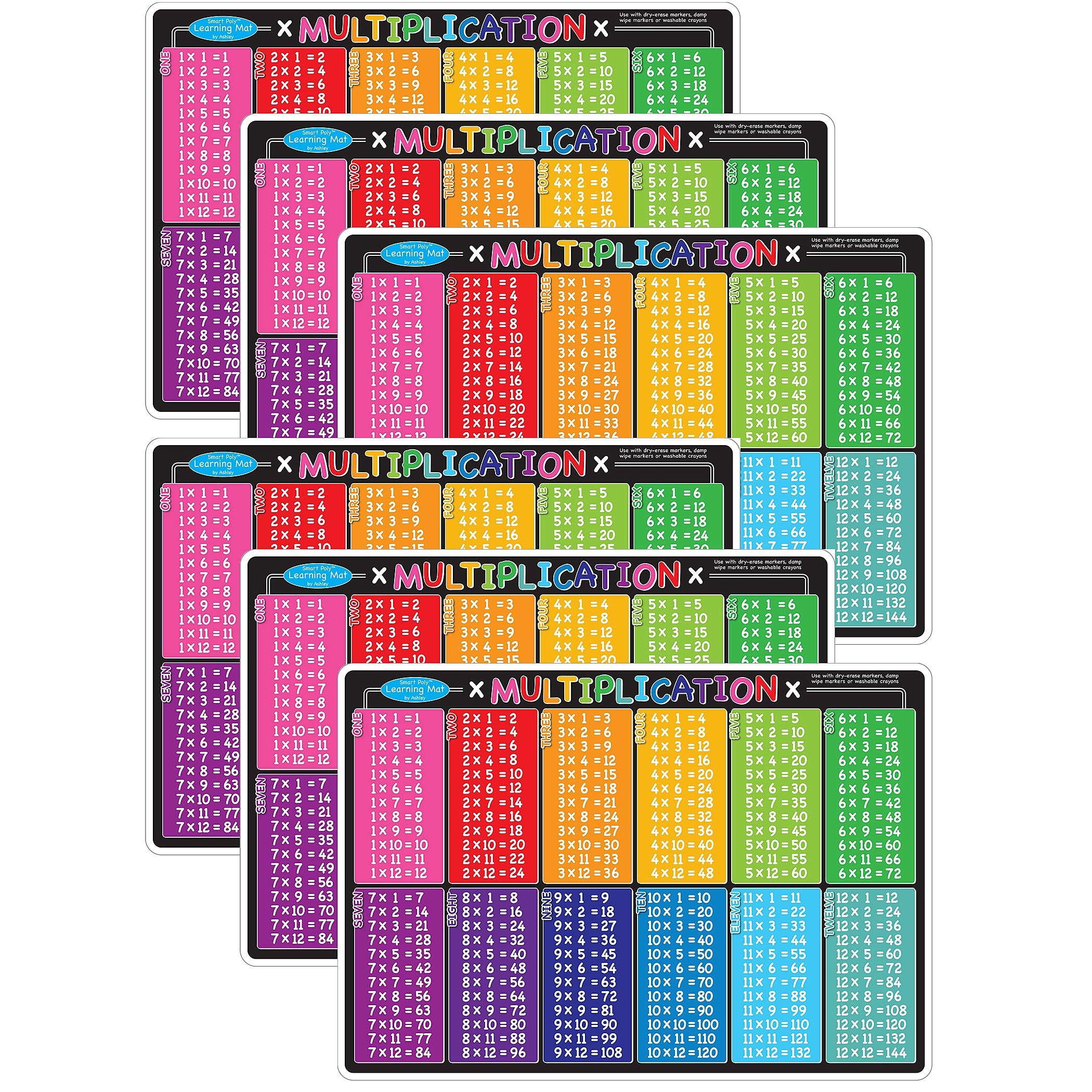 Ashley Productions Smart Poly Learning Mat, 12" x 17", Double-Sided, Multiplication, Pack of 6 (ASH95006-6)