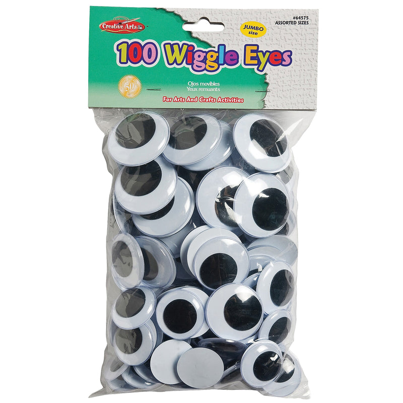 Charles Leonard Wiggle Eyes, Jumbo Round, Assorted Sizes, Black, 100 Per Pack, 2 Packs (CHL64575-2)