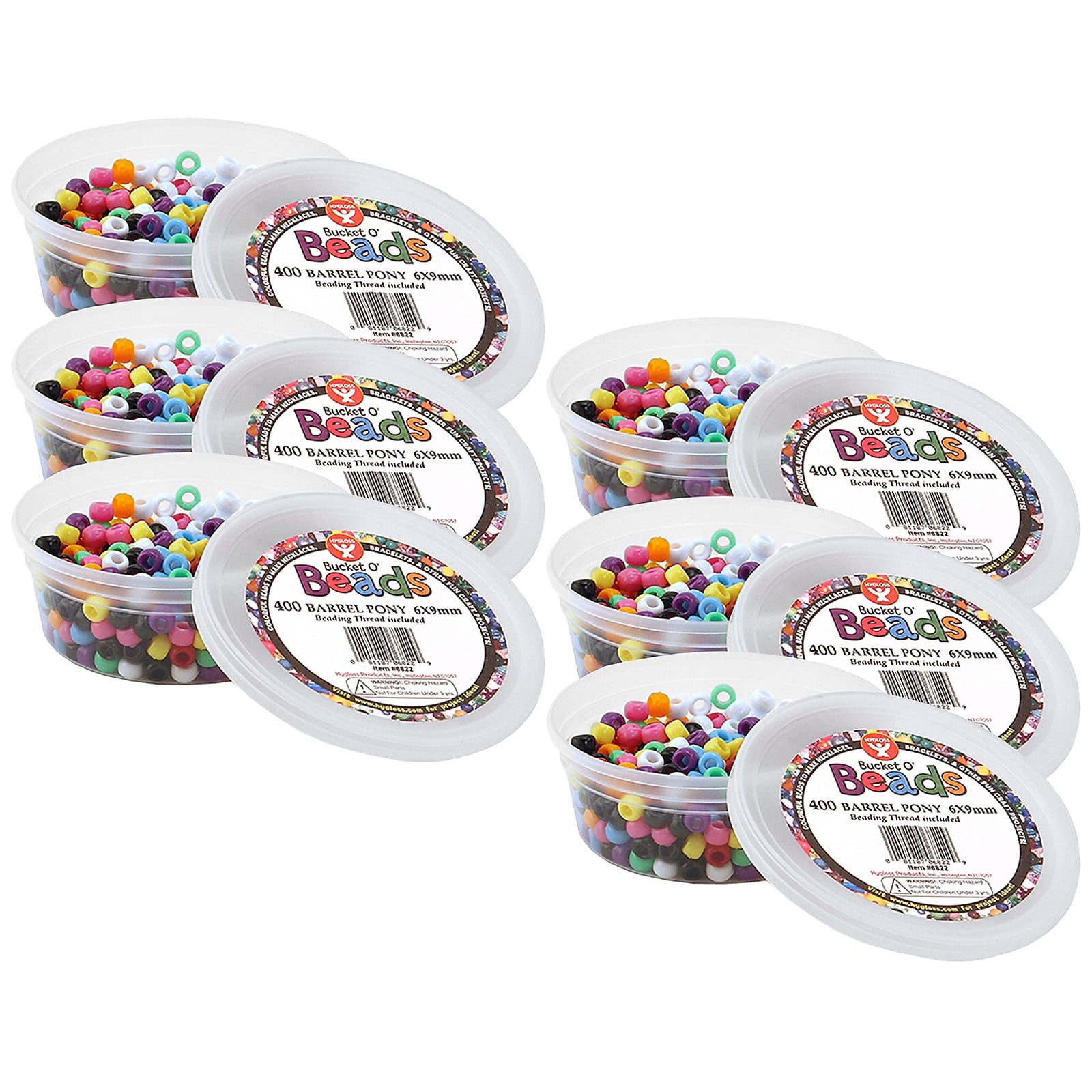 Hygloss Bucket O’ Beads, Barrel Pony, 6 x 9 mm, 400 Per Pack, 6 Packs (HYG6822-6)