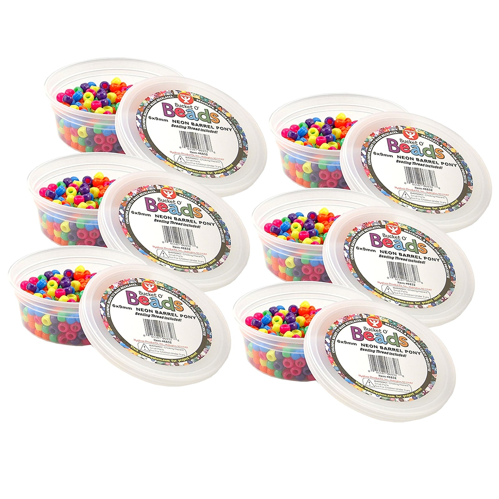Hygloss Bucket O’ Beads, Neon Barrel, 6 x 9 mm, 375 Per Pack, 6 Packs (HYG6832-6)
