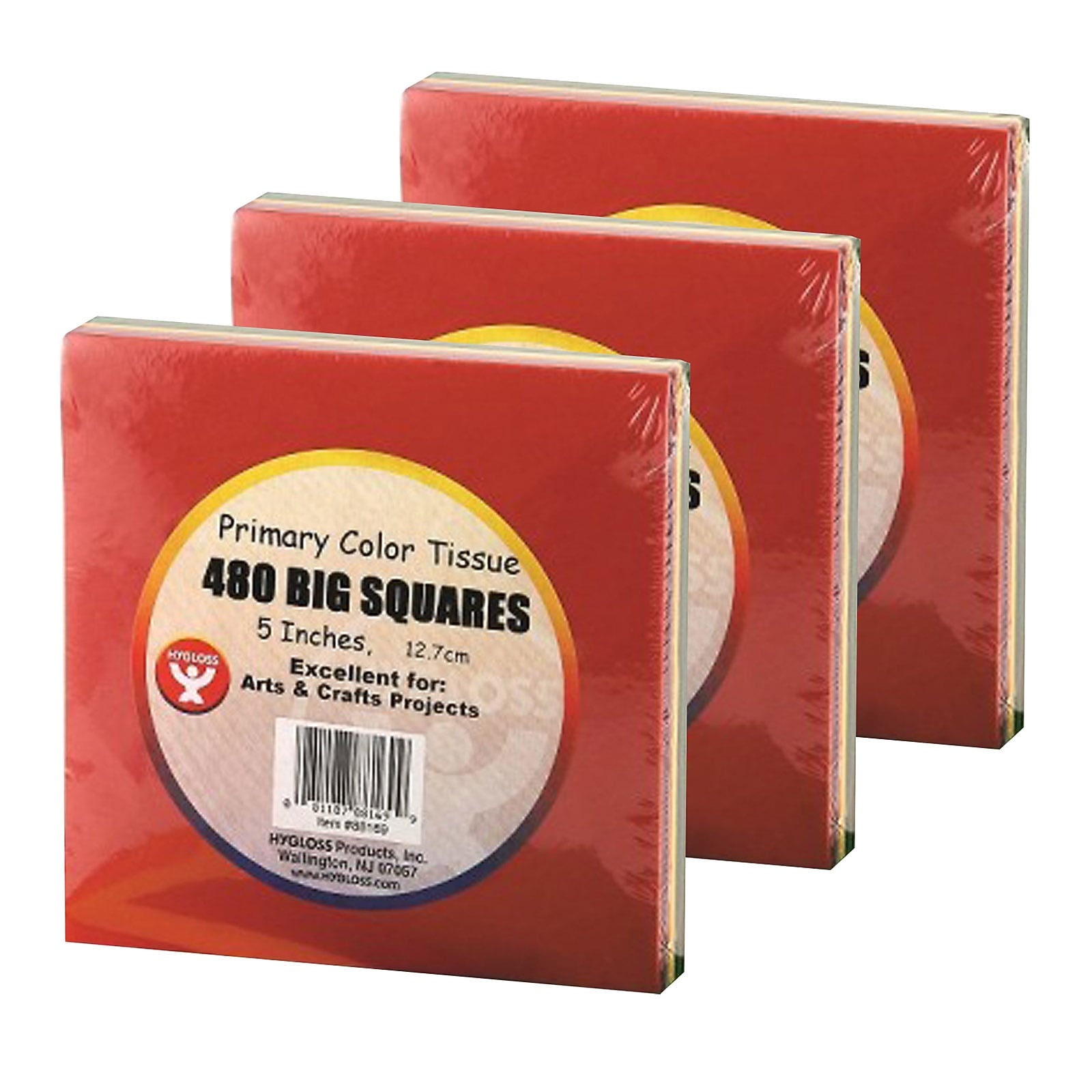 Hygloss Tissue Paper Squares, 5", Primary Colors, 480 Per Pack, 3 Packs (HYG88169-3)