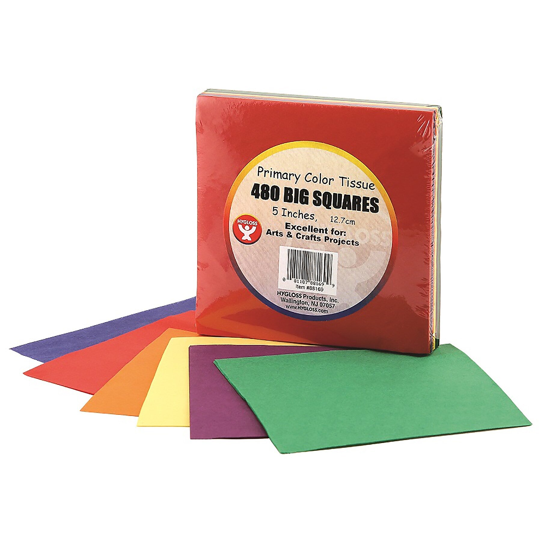 Hygloss Tissue Paper Squares, 5", Primary Colors, 480 Per Pack, 3 Packs (HYG88169-3)