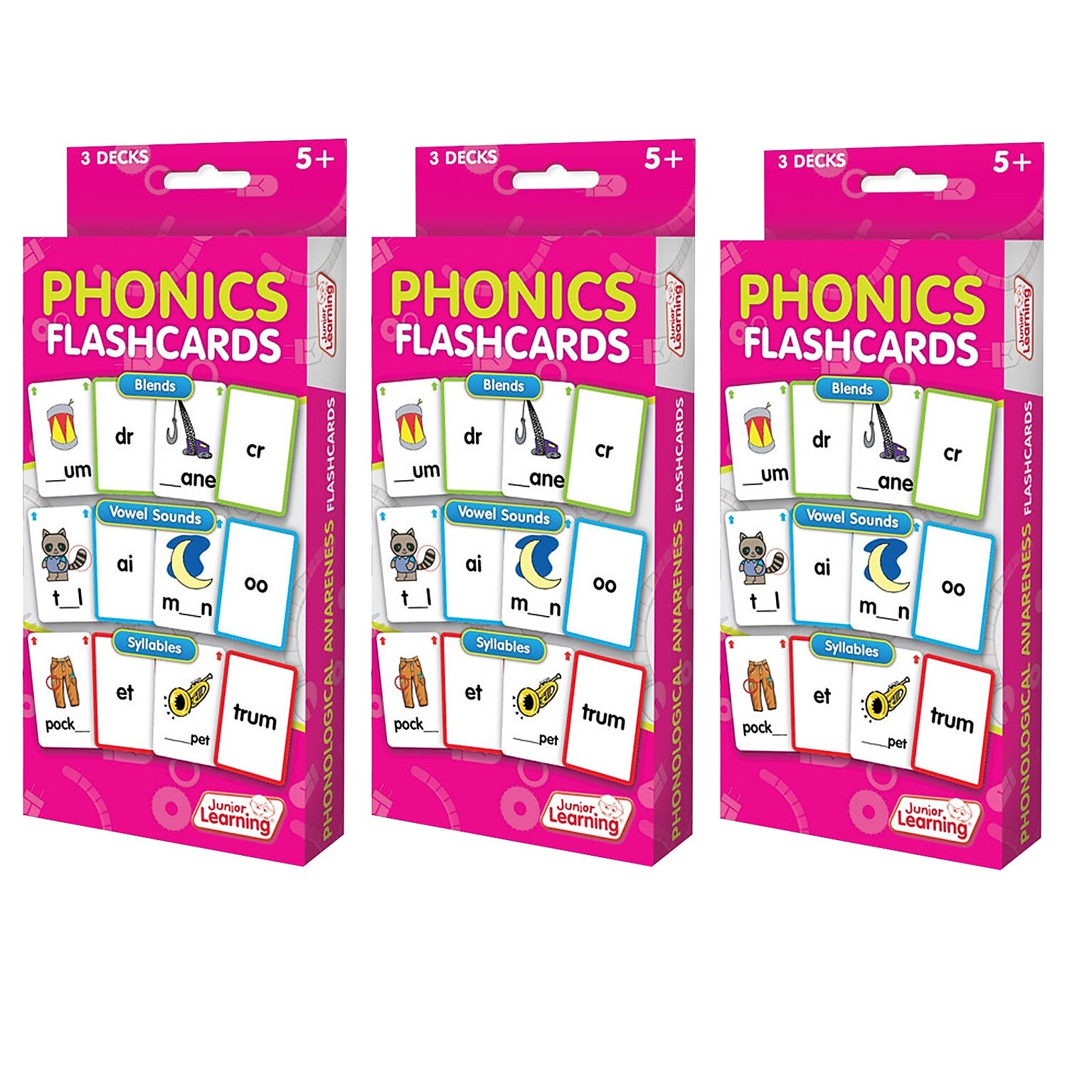 Junior Learning Phonics Flashcards, 3 Sets Per Pack, 3 Packs (JRL203-3)
