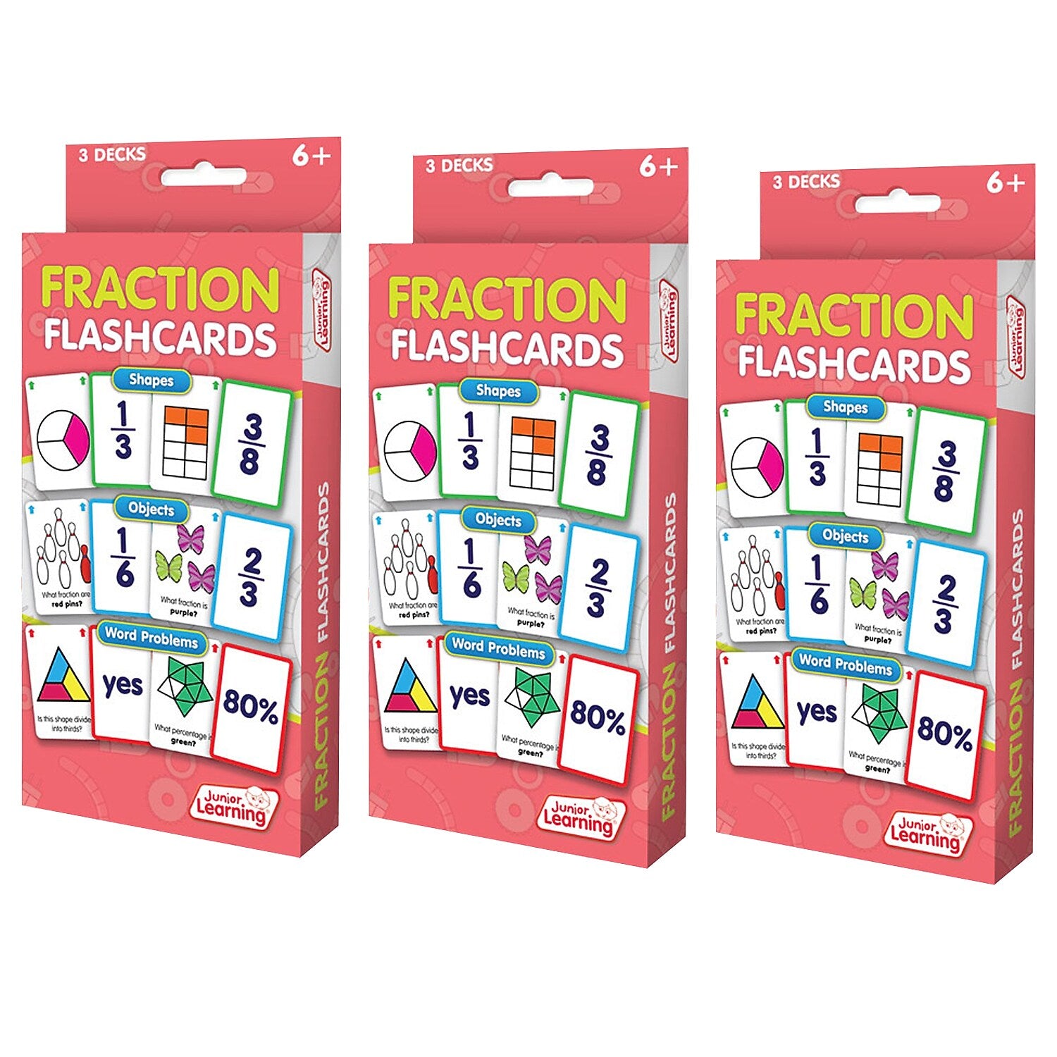 Junior Learning Fraction Flashcards, 3 Sets Per Pack, 3 Packs (JRL212-3)